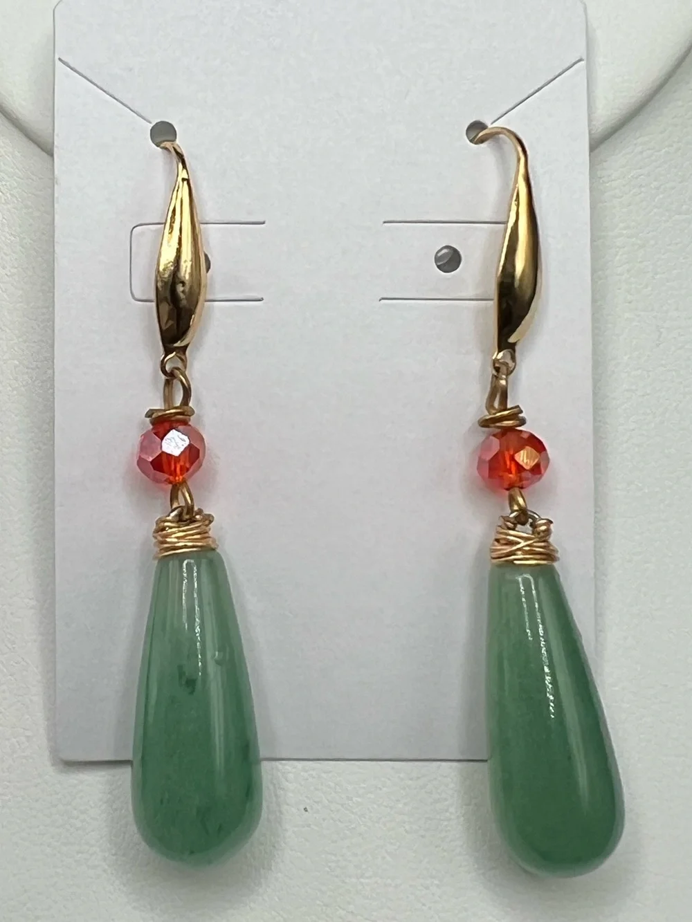 Aventurine Handmade Green Stone Teardrop Earrings Red Crystal